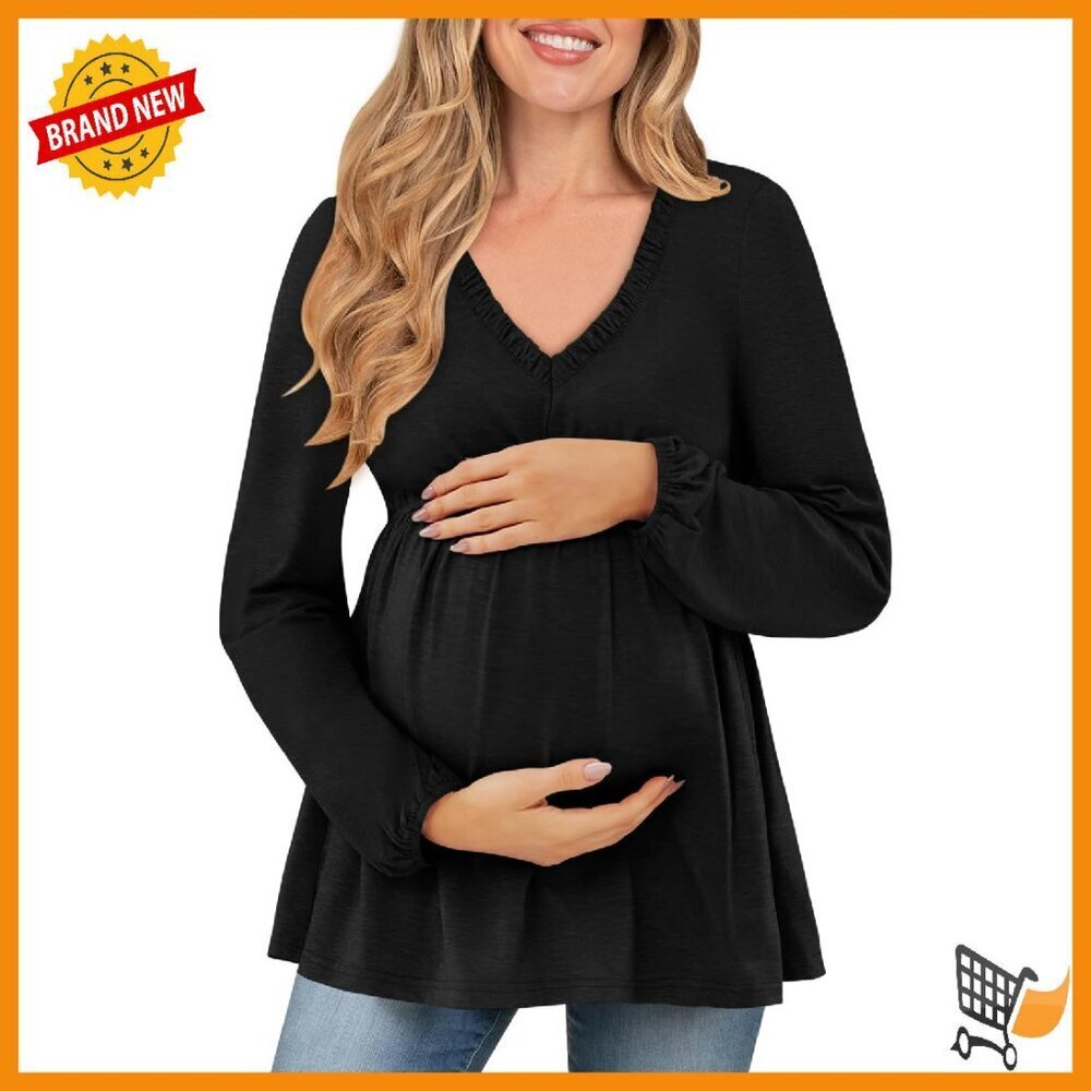 Maternity Long Sleeve V-Neck Blouse Ruched Babydoll Loose Fit